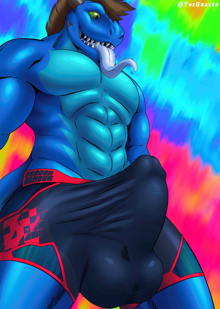 1boy 2021 abs animated anthro balls brown_hair bulge clothed clothing dragon erection erection_under_clothing genitals grakerrbraconc green_sclera grey_horn hair hi_res horn low-angle_view male male_only multicolored_body muscular muscular_male open_mouth penis reptile scalie short_playtime solo spikes teeth tenting throb throbbing throbbing_balls throbbing_penis tongue tongue_out two_tone_body underwear xanderg