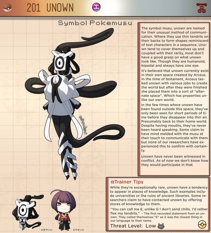 1girls black_skin clothed creature_index duo english_text female female_focus front_view generation_2_pokemon japanese_clothes kimono kinkymation male nintendo page_201 page_number pok&eacute;mon_(species) pokedex pokemon pokemorph pokemusu profile sonic_reference standing tail text text_box unown