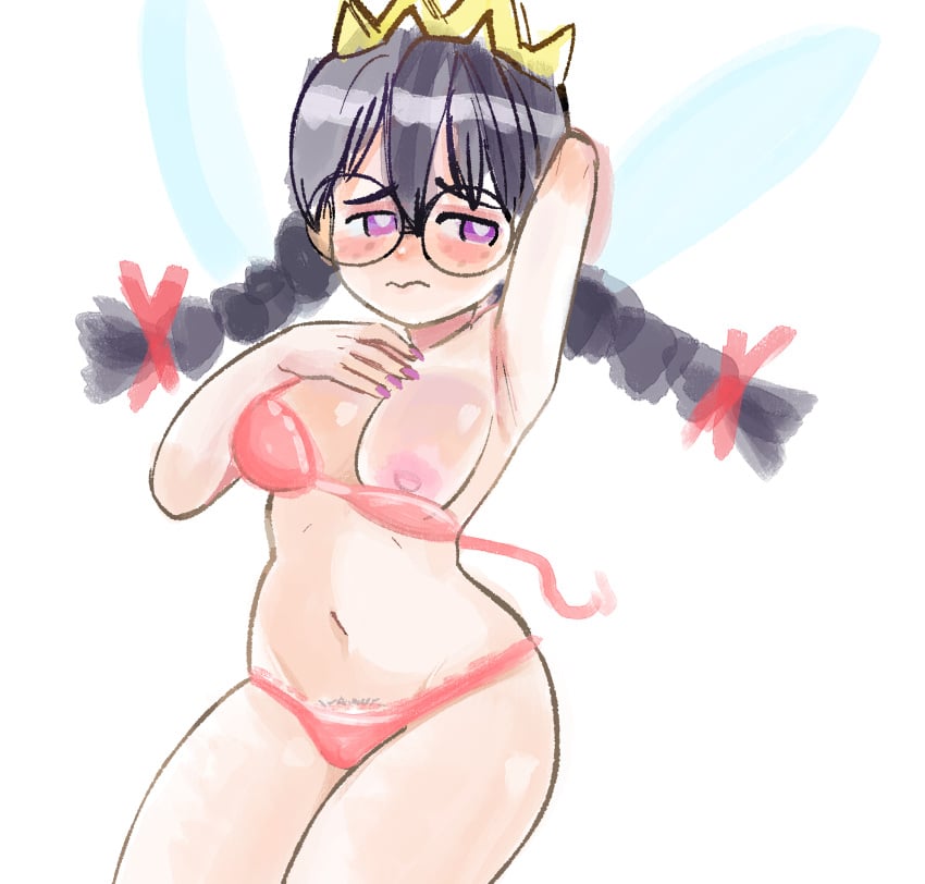 2024 2x black_hair blush breasts embarrassed fairy_queen female glasses kirby_(series) kirby_64 looking_away medium_breasts nintendo nipples one_arm_up one_breast_out painted_nails partially_clothed purple_eyes queen_ripple solo twin_braids underwear white_background