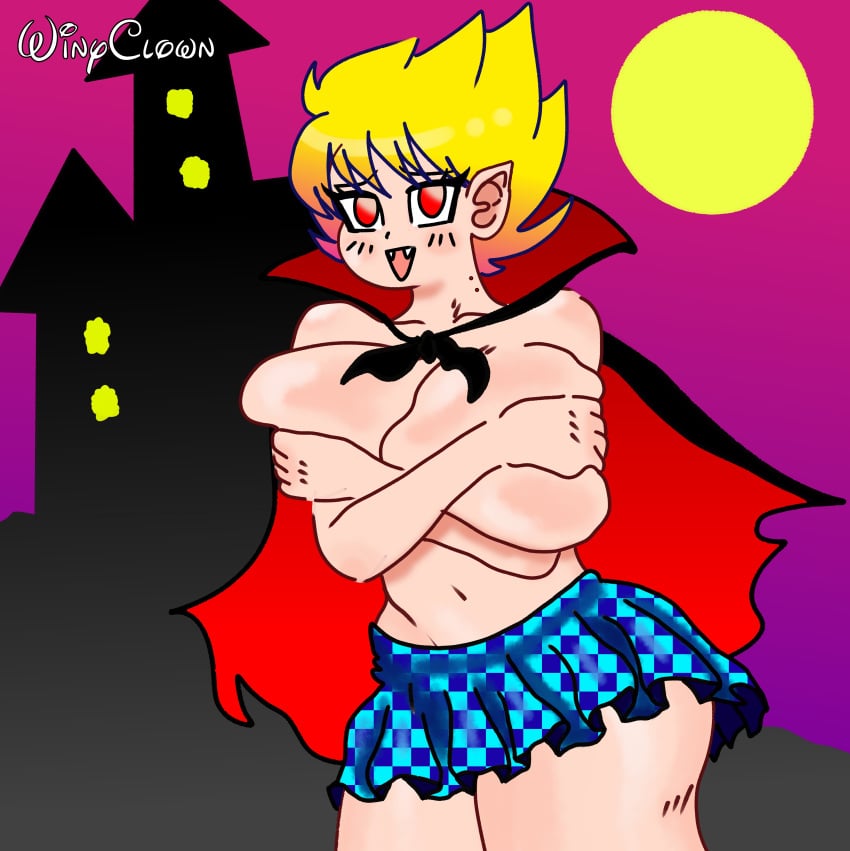 absurdres big_breasts blonde_hair boobs breasts cape character gigantic_breasts highres huge_breasts no_bra no_humans no_panties oc original original_character red_eyes schoolgirl shirt vampire vampire_costume vampire_girl wine_d._tepes winy_clown