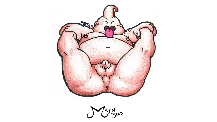 1boy alien alien_humanoid anus balls belly character_name dragon_ball fat_buu genitals hi_res humanoid majin majin_buu male male_only navel no_eyewear not_furry overweight overweight_humanoid overweight_male penis peterdamart simple_background solo solo_male tongue tongue_out white_background