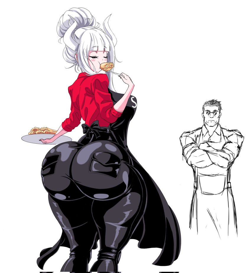 1boy 1girls alternate_version_available apron ass big_ass character_in_background clothed clothed_female de_kurayami eating eating_food female helltaker hime_cut lucifer_(helltaker) male pants