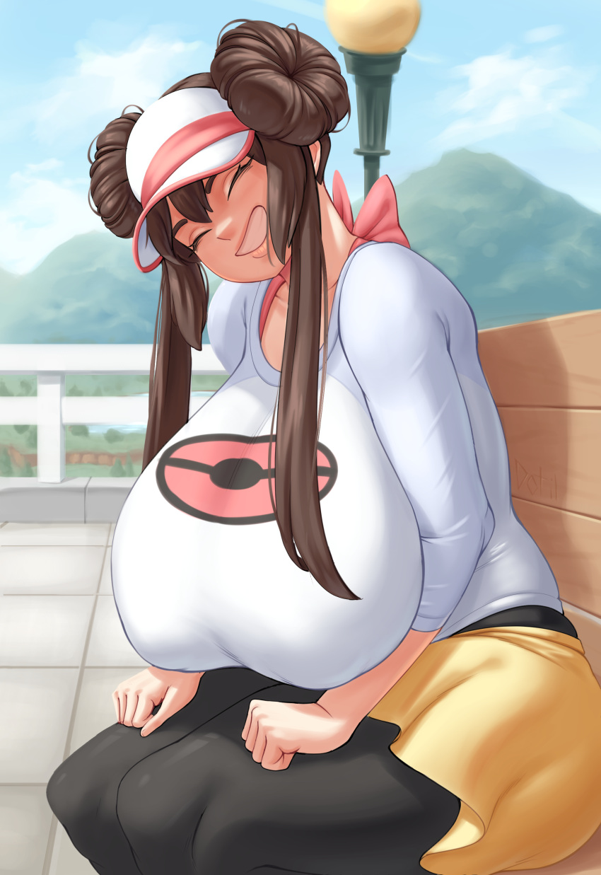 1girls alternate_breast_size areola_bulge big_breasts black_legwear bottomwear breasts breasts_bigger_than_head brown_hair cap closed_eyes clothed clothing cute dotil double_bun eyelashes female female_only fully_clothed game_freak hair hair_buns hairbuns headgear headwear heavy_breasts hi_res highres huge_breasts large_breasts leggings legwear light-skinned_female light_skin long_hair nintendo nipple_bulge open_mouth open_smile outdoors outside pokemon pokemon_bw2 rosa_(pokemon) shiny_hair side_view sitting skirt smile smiling_at_viewer solo solo_female sweat thick_legs thick_thighs tight_clothing tight_shirt topwear twintails visor_cap wholesome