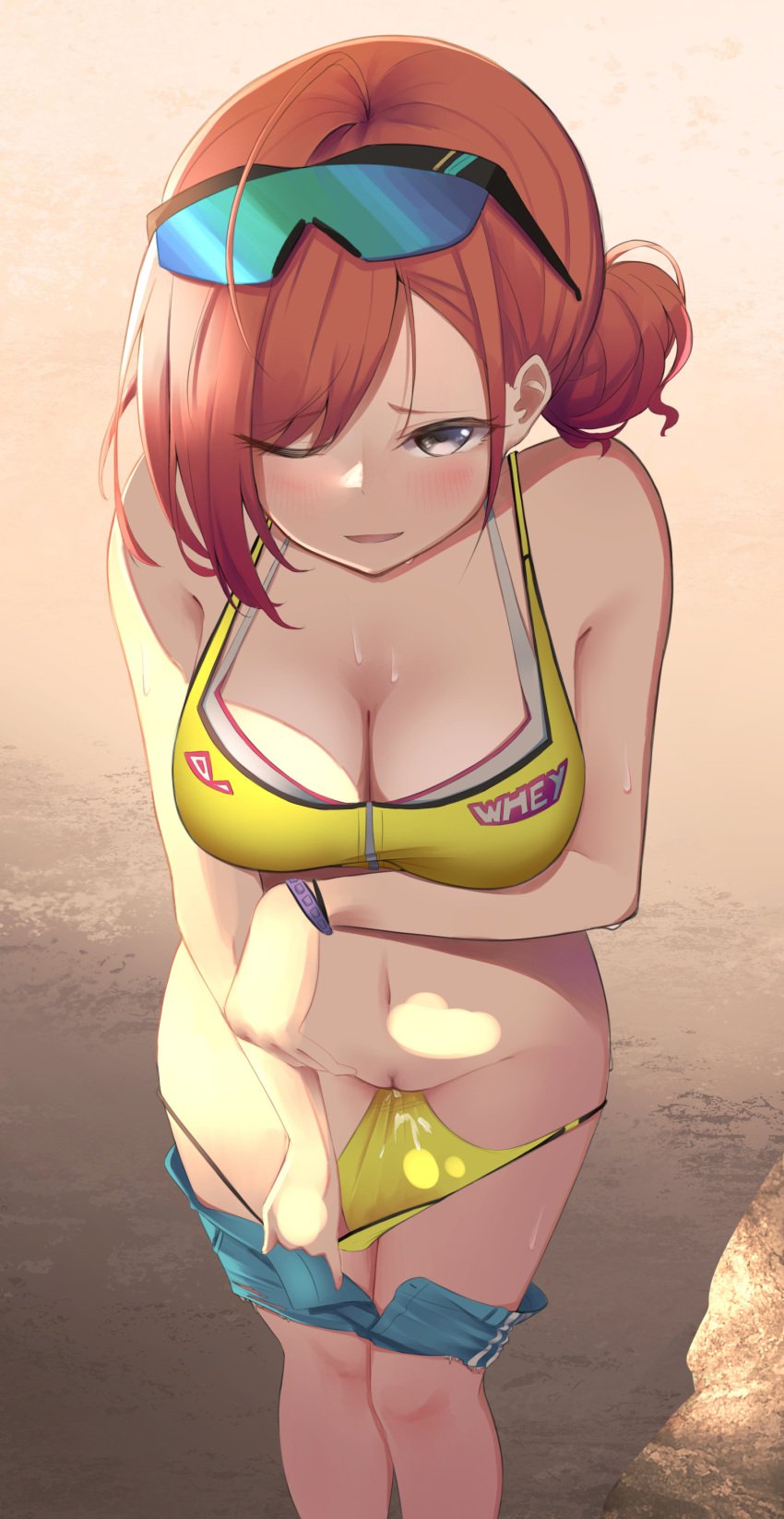 1girls akinoji_(akiponpon27) alternate_version_available arisugawa_natsuha bikini blush breast_hold breasts brown_hair cleavage clothing cum female legs_together long_hair megane open_mouth panty_pull pussy pussy_juice shaved_pussy standing swimsuits the_idolm@ster the_idolm@ster_shiny_colors torn_clothes uncensored undressing wet wide_hips yellow_bikini