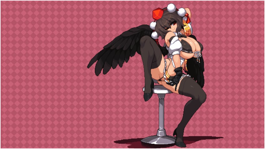 2d black_hair desktop desktop_wallpaper g-string high_heels huge_breasts pixel_art shameimaru_aya takorin thick_thighs thighhighs third-party_edit touhou wallpaper wings