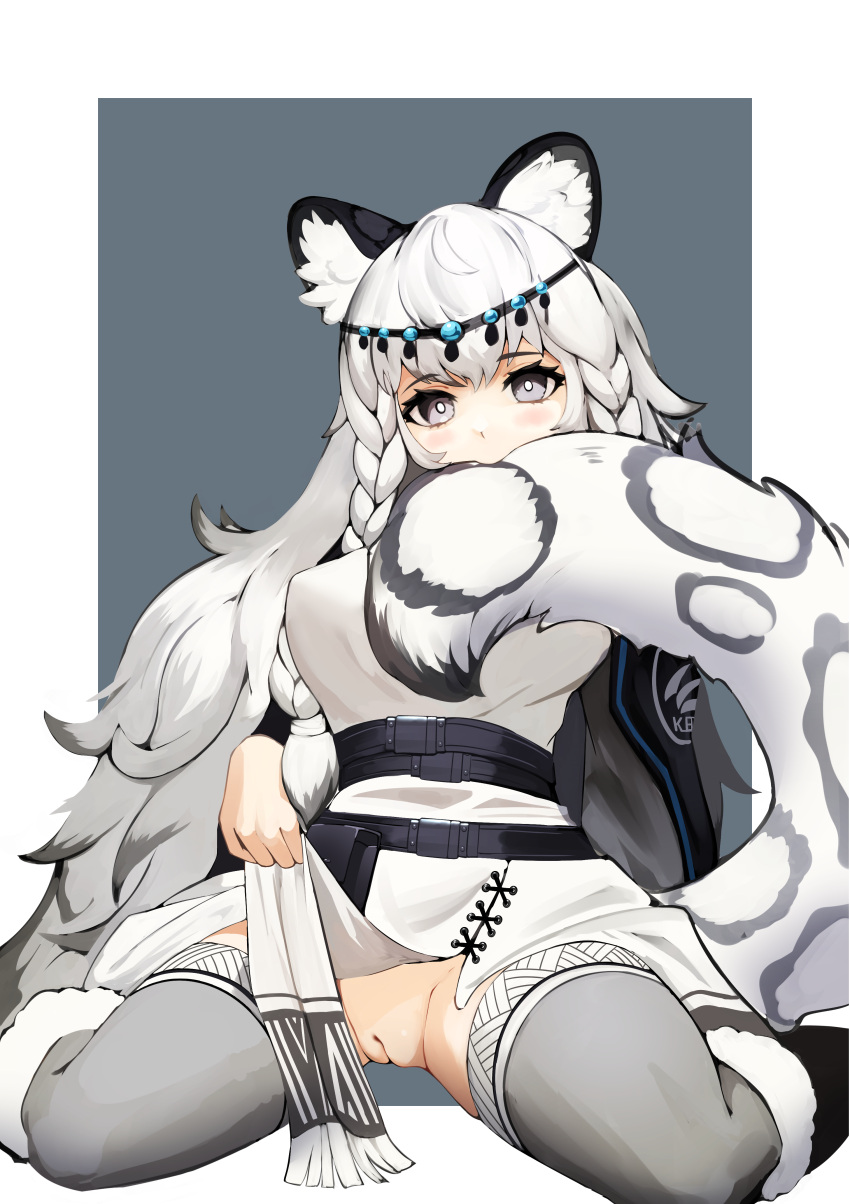 animal_ears arknights big_breasts biting_tail blush ett female grey_eyes highres legwear long_hair looking_at_viewer no_panties pramanix_(arknights) presenting presenting_pussy pussy shaved_pussy sitting solo_female spread_legs stockings tagme tail thick_thighs thighhighs thighs uniform wariza white_hair