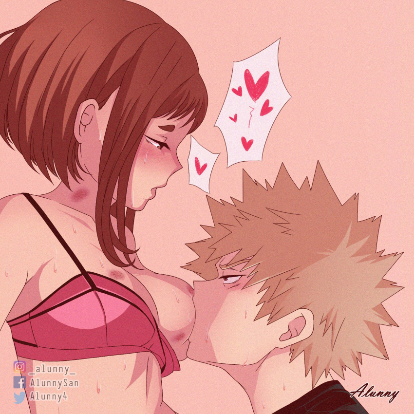 1boy 1boy1girl 1girls alunny artist_name blonde_hair blush bra breast breast_sucking breasts brown_hair female heart hickey hickey_marks katsuki_bakugou male male/female my_hero_academia ochako_uraraka straight sucking_nipples