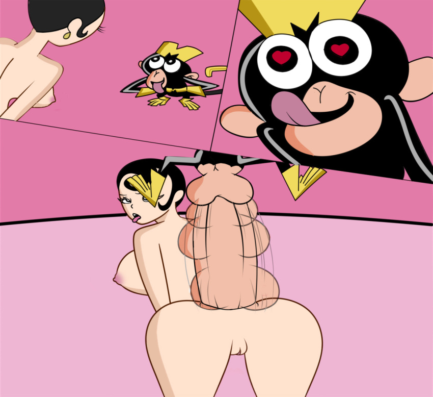 agent_honeydew anal anal_sex anthro backsack black_eyes black_hair breaking cartoon_network dexter's_laboratory dial_m_for_monkey female heart-shaped_pupils heart_eyes huge_cock male male/female monkey monkey_(dial_m_for_monkey) nude zoophilia