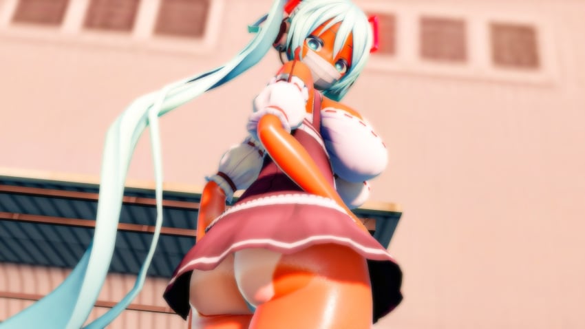 3d adopento big_ass big_breasts hatsune_miku looking_at_viewer low-angle_view mmd tan_skin tanline vocaloid