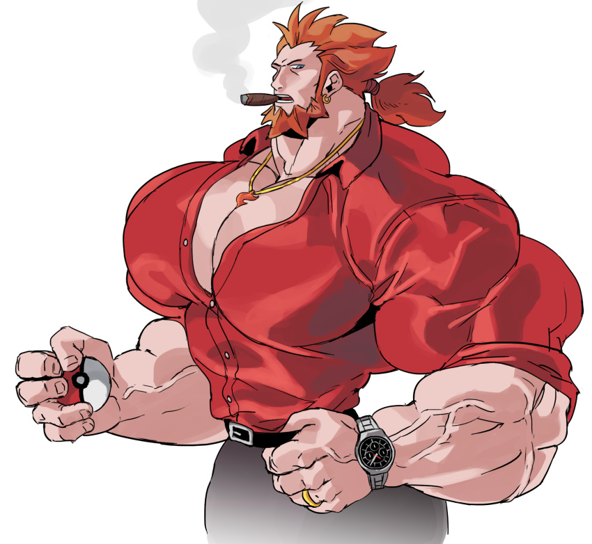 ball big_muscles huge_muscles human hunk hyper_muscles looking_at_viewer lysandre_(pokemon) male_only muscle muscles muscular muscular_arms muscular_back muscular_male necklace orange_hair pierced_ears piercing piercings poke pokemon pokemon_xy remert smoking solo solo_male tight_clothing veins veiny_muscles