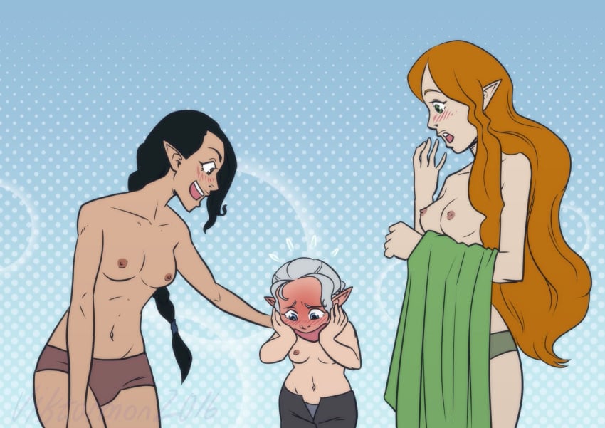 3girls black_hair blush blushing breasts cleric critical_role critical_role:_vox_machina druid dungeons_and_dragons elf female female_only gnome gnome_female half-elf humanoid keyleth long_hair multiple_girls nipples pale_skin pike_trickfoot ranger red_hair topless topless_female vex'ahlia white_hair