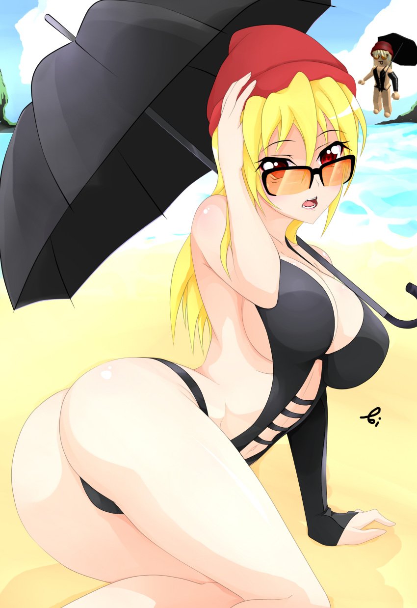 1girls aoitamon artist_signature ass beach beanie belly_button big_breasts black_clothing black_sleeves black_umbrella blonde_hair breasts cleavage eyewear female female_only hat long_hair long_sleeve looking_at_viewer looking_over_eyewear looking_over_glasses looking_over_sunglasses momo_(aoitamon) one-piece_swimsuit open_mouth orange-tinted_eyewear orange_glasses orange_lenses original_character pale-skinned_female pale_skin red_beanie red_eyes red_hat roblox roblox_avatar sand sharp_teeth solo solo_female stomach sunglasses surprised swimsuit thighs tinted_eyewear tongue umbrella water