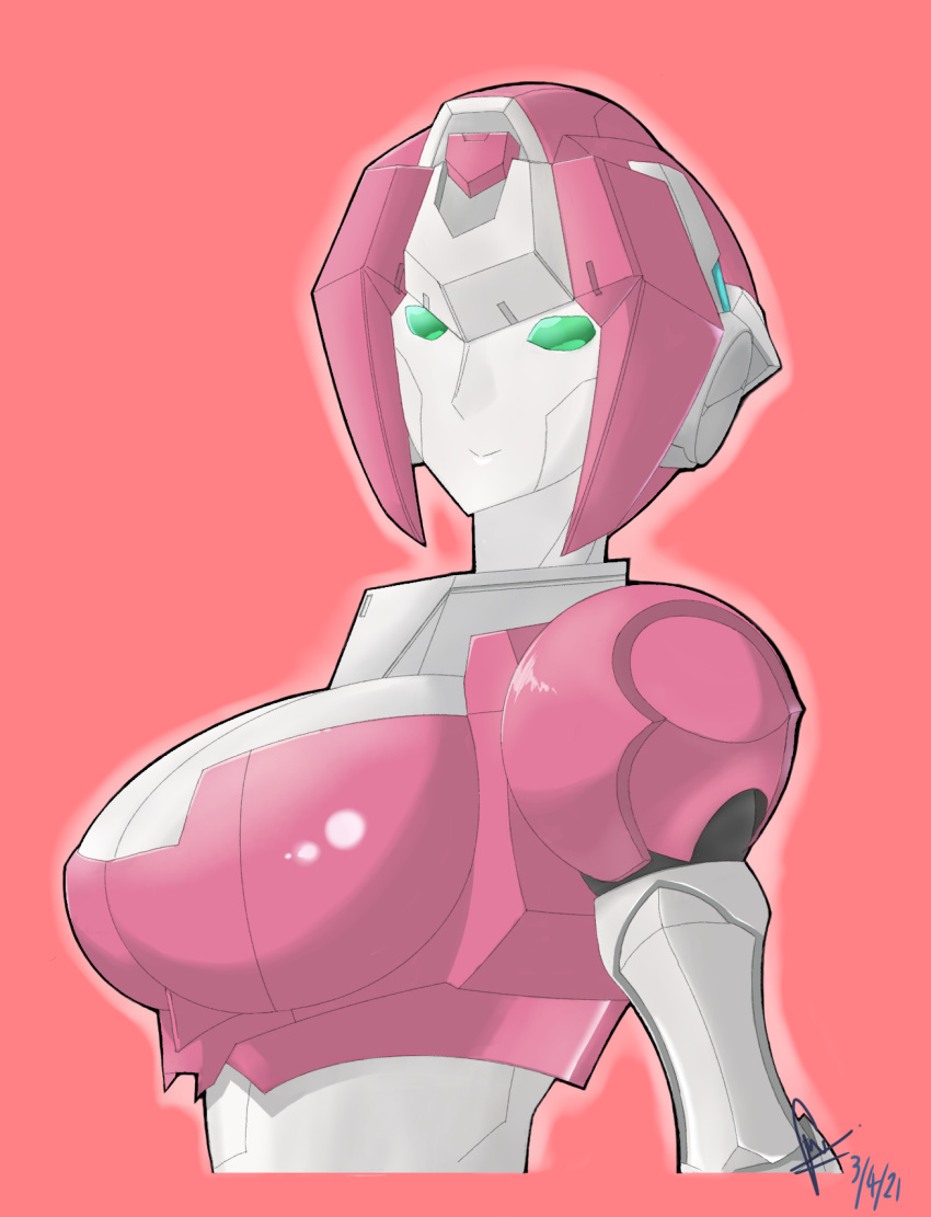 1girls 2021 arcee artist_signature big_breasts ex-01_nicee female female_only green_eyes jet_doodling looking_at_viewer mechanical pink_armor pink_background robot robot_girl simple_background solo solo_female transformers transformers_g1 upper_body upper_body_focus white_body