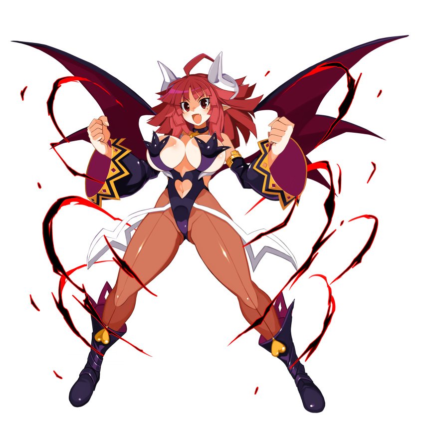 ahoge bangs boots breasts choker clenched_hands clothing_cutout demon_girl demon_horns demon_wings detached_sleeves disgaea disgaea_rpg female full_body harada_takehito heart_cutout highres horns huge_breasts la_pucelle_tactics large_breasts legs_apart leotard medium_hair navel_cutout nippon_ichi_software official_art open_mouth overlord_priere pantyhose pointy_ears priere red_eyes red_hair solo transparent_background wide_sleeves wings