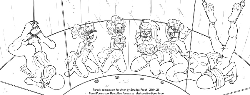 absurd_res ambiguous_gender anthro anthrofied arms_behind_back bondage bound breast_bondage breasts female femsub frazzle_rock_(mlp) friendship_is_magic gag genitals hasbro hi_res humanized kneeling light_hoof_(mlp) monochrome montgomery_glands multiple_girls multiple_subs my_little_pony navel nude objectification open_mouth_gag plaid_stripes_(mlp) pubes pussy rope shimmy_shake_(mlp) smudge_proof text toilet toilet_play twist_(mlp) urinal url vein veiny_breasts wallflower_blush_(mlp) wet