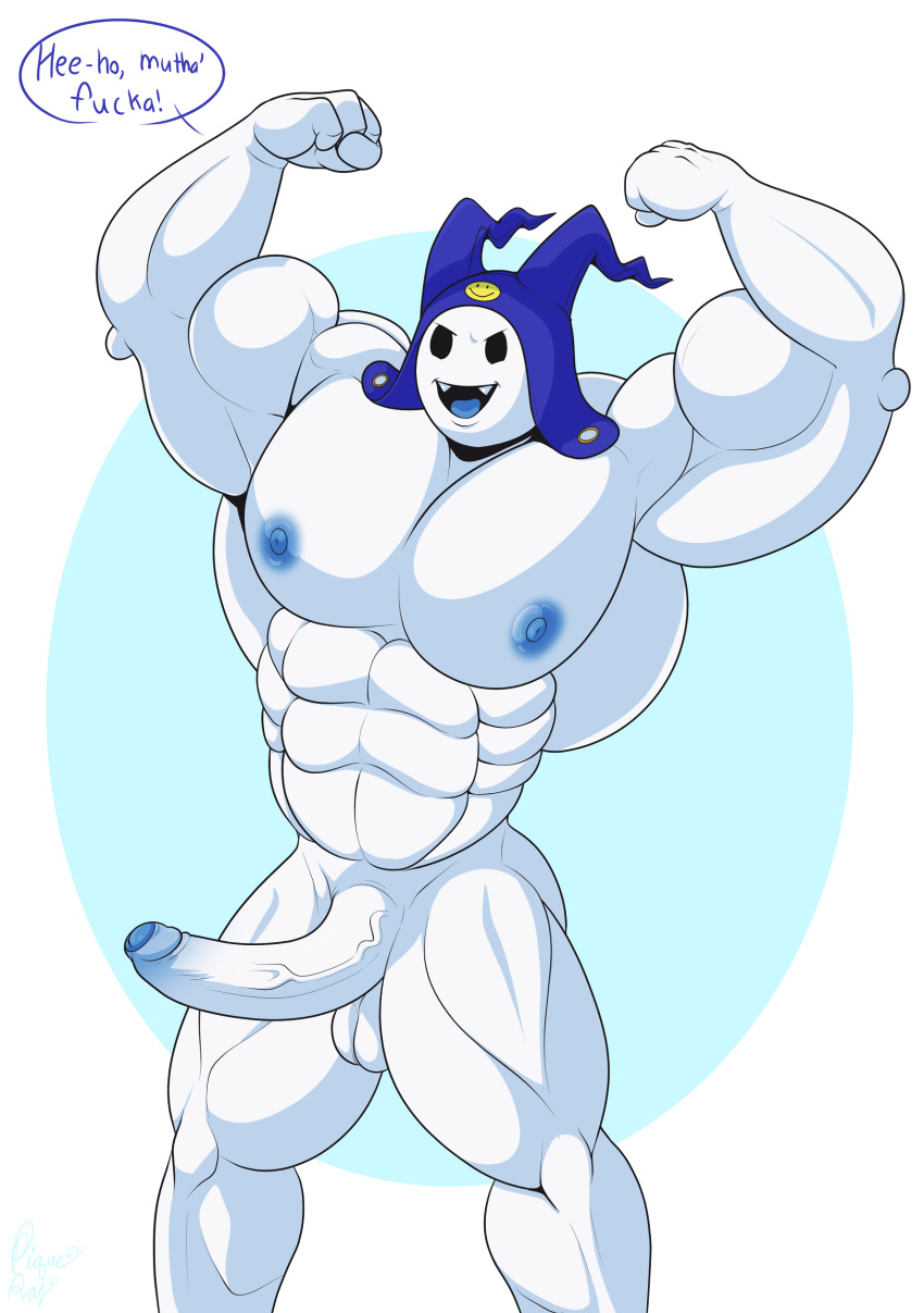 2021 abs absurd_res atlus balls big_muscles blue_clothing blue_glans blue_hat blue_headwear blue_nipples blue_tongue clothing demon demon_humanoid dialogue english_text erection fangs fist flexing foreskin front_view genitals glans hat headgear headwear hi_res huge_muscles humanoid humanoid_genitalia humanoid_penis imp jack_frost_(megami_tensei) light_theme male megami_tensei mostly_nude muscular muscular_humanoid muscular_male nipples noseless open_mouth partially_retracted_foreskin pecs penis profanity raised_arms simple_background solo_male standing teeth text the_purple_wolf_guy tongue vein veiny_penis video_games white_background white_balls white_body white_penis