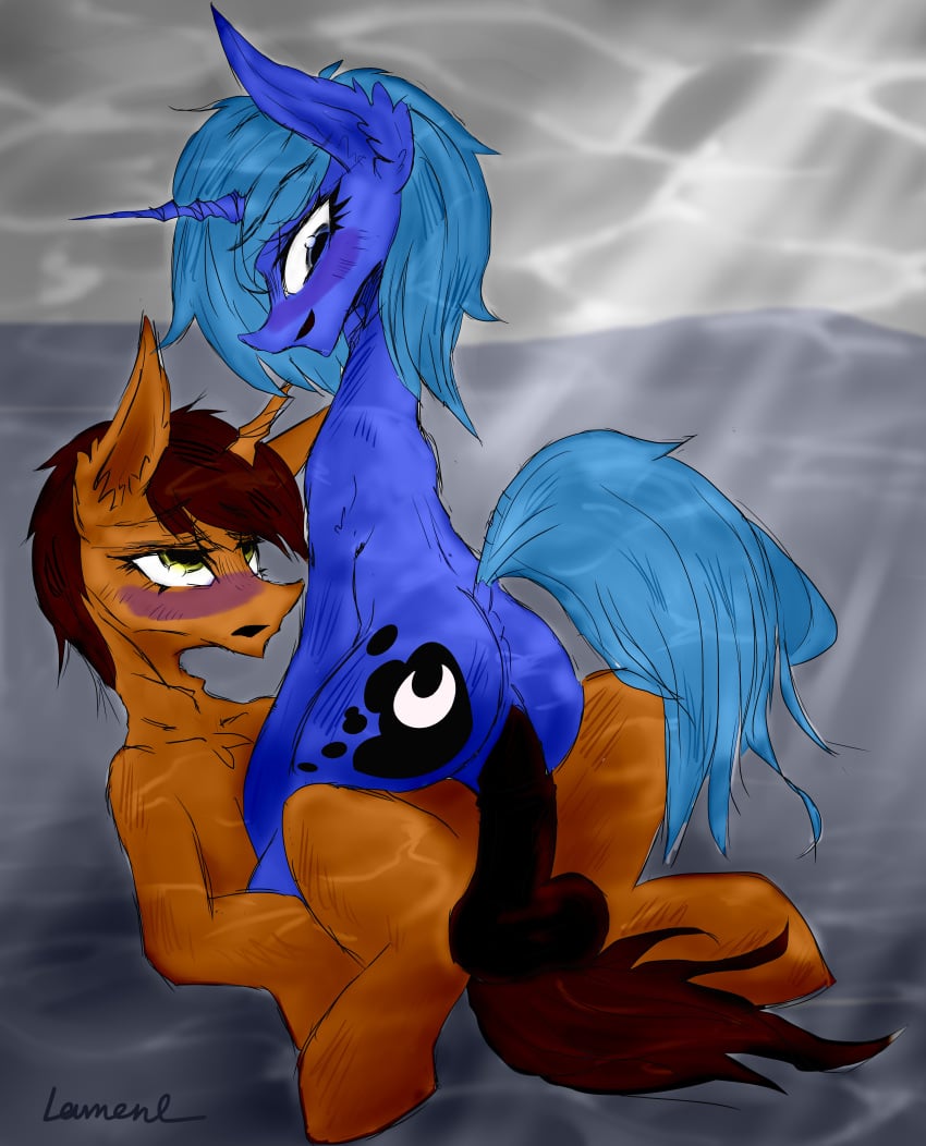 1boy 1cuntboy absurd_res animal_genitalia animal_penis asphyxiation balls blue_body blue_fur blue_mane blue_tail blush brown_body brown_fur brown_mane cuntboy cutie_mark drowning duo equid equine equine_penis erection feral friendship_is_magic fur genitals hasbro hi_res horse horsecock intersex intersex/female knowledge_mixing lament looking_at_viewer looking_back male male/female male_on_cuntboy mammal mane my_little_pony nude penis pony princess_luna_(mlp) sex underwater underwater_sex water zoophilia