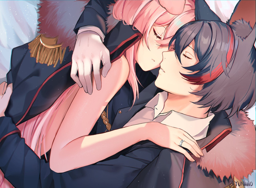 dog_girl embrace female male merryweather_(vtuber) ring sleeping virtual_youtuber vyugen wholesome wolf_boy yuniiho yuniiho_(character)