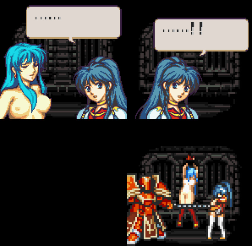 ! !!! ... 1boy 2girls armor arms_up blue_hair bondage chains comic crying defeat defeated defeated_heroine eirika_(fire_emblem) exposed exposed_breasts female female_protagonist fire_emblem fire_emblem:_the_sacred_stones imminent_rape imminent_sex naked nintendo nipples nude nude_female older_male pixel_art princess prison prisoner rape raravista resisting restrained royalty sad shocked soldier tana_(fire_emblem) thighhighs tied_up younger_female