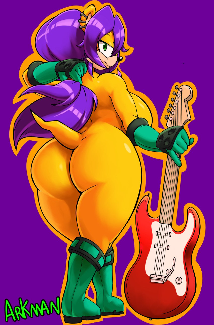 absurd_res anthro archie_comics arkman armwear artist_name ass big_breasts big_butt boots breasts casual clothing crooked_tail ear_piercing ear_ring electric_guitar exposed_torso female footwear full-length_portrait gloves green_eyes guitar hair half-closed_eyes hand_behind_head handwear herpestid hi_res holding_guitar holding_hair knee_boots knee_highs legwear looking_at_viewer mammal mina_mongoose mongoose mostly_nude musical_instrument narrowed_eyes piercing playing_instrument plucked_string_instrument portrait purple_background purple_hair rear_view side_boob simple_background smaller_version_at_source smile solo sonic_(series) sonic_the_hedgehog_(archie) sonic_the_hedgehog_(comics) sonic_the_hedgehog_(series) string_instrument thick_thighs three-quarter_view touching_hair voluptuous wide_hips yellow_body