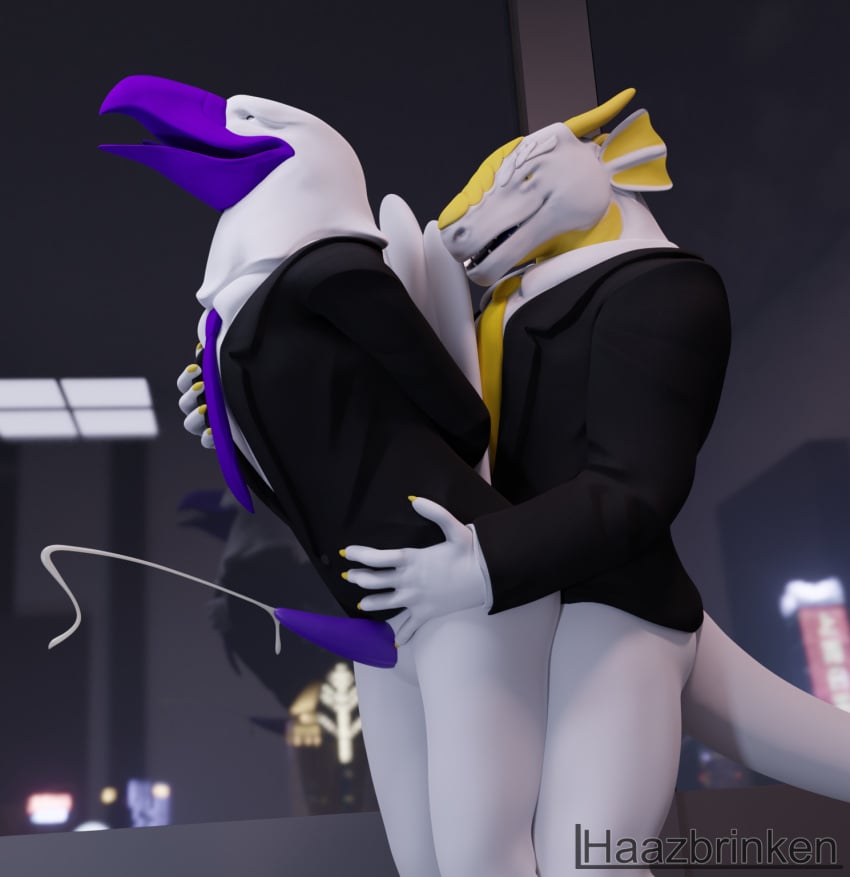 3d_(artwork) accipitrid accipitriform anal anal_sex anthro avian beak bird bodily_fluids charles clothed clothing cum cum_string cumshot digital_media_(artwork) dragon duo eagle ejaculation erection feathers from_behind_position genital_fluids genitals gold_scales grey_body haazbrinken haazbrinken_(character) hi_res horn male male/male male_penetrated male_penetrating male_penetrating_male necktie open_mouth penetration penis purple_beak purple_penis scales scalie sex smile standing standing_sex suit tapering_penis western_dragon