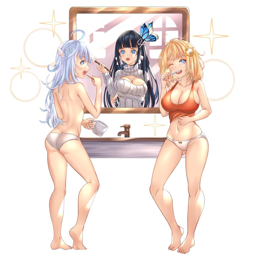 3girls amatsuka_uto aoi_nabi artist_request ass ass_cleavage black_hair blonde blonde_hair blue_eyes brushing_teeth butt_crack butterfly_hair_ornament cleavage crossover cup female female_focus female_only full_body hair_ornament hololive hololive_english hololive_myth honkivampy indie_virtual_youtuber large_breasts mother_and_daughter multiple_girls panties panties_only sisters small_breasts source_request toothbrush topless topless_female two-way_mirror virtual_youtuber watson_amelia white_background white_hair wholesome youtube youtuber