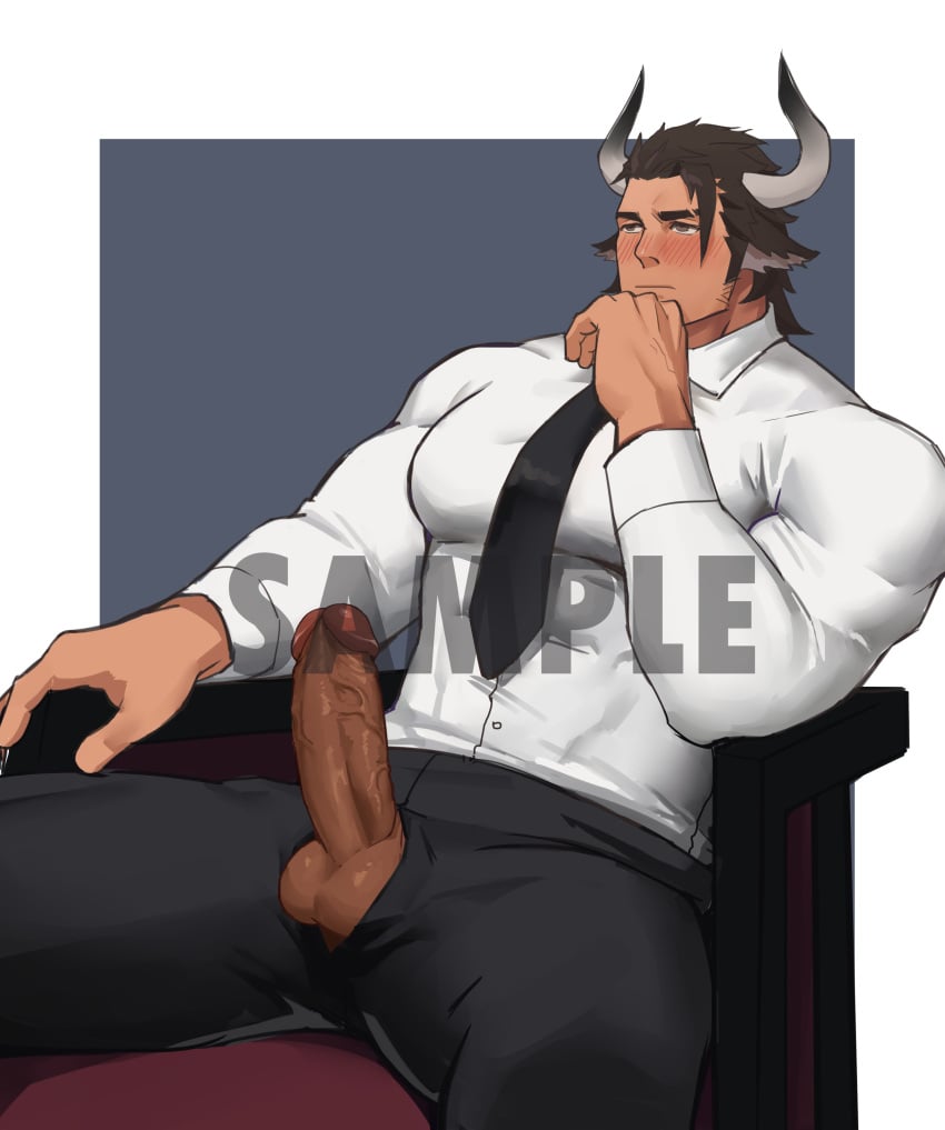 1boy absurdres alternate_costume animal_ears arknights bara black_pants blush brown_eyes brown_hair commission cow_boy cow_ears cow_horns earrings elbow_rest erection feet_out_of_frame formal highres horns jewelry large_pectorals male_focus male_only matterhorn_(arknights) muscular muscular_male necktie on_chair open_pants pants pectorals penis sample shirt short_hair sideburns sitting solo spread_legs thick_thighs thighs uncensored veins veiny_penis white_shirt xianyusamuel