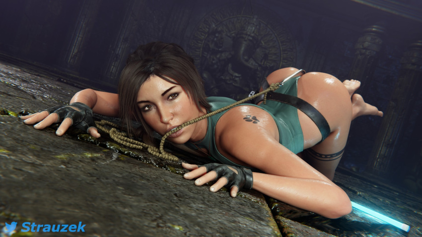 3d all_fours anal anal_hook anal_insertion anal_object_insertion ass ass_up barefoot belt blender blender_(software) brown_eyes brown_hair bubble_ass bubble_butt clothing feet feet_up female fingerless_gloves gloves handwear head_down_ass_up hook human lara_croft lara_croft_(survivor) leotard leotard_aside long_hair looking_at_viewer no_eyewear nose_piercing object_insertion oiled oiled_skin on_floor on_ground piercing rope shiny_skin soles strauzek sweat sweating sweaty tattoo thong_leotard tomb_raider tomb_raider_(survivor) top-down_bottom-up wet wet_body wet_clothing wet_leotard wet_skin wide_hips