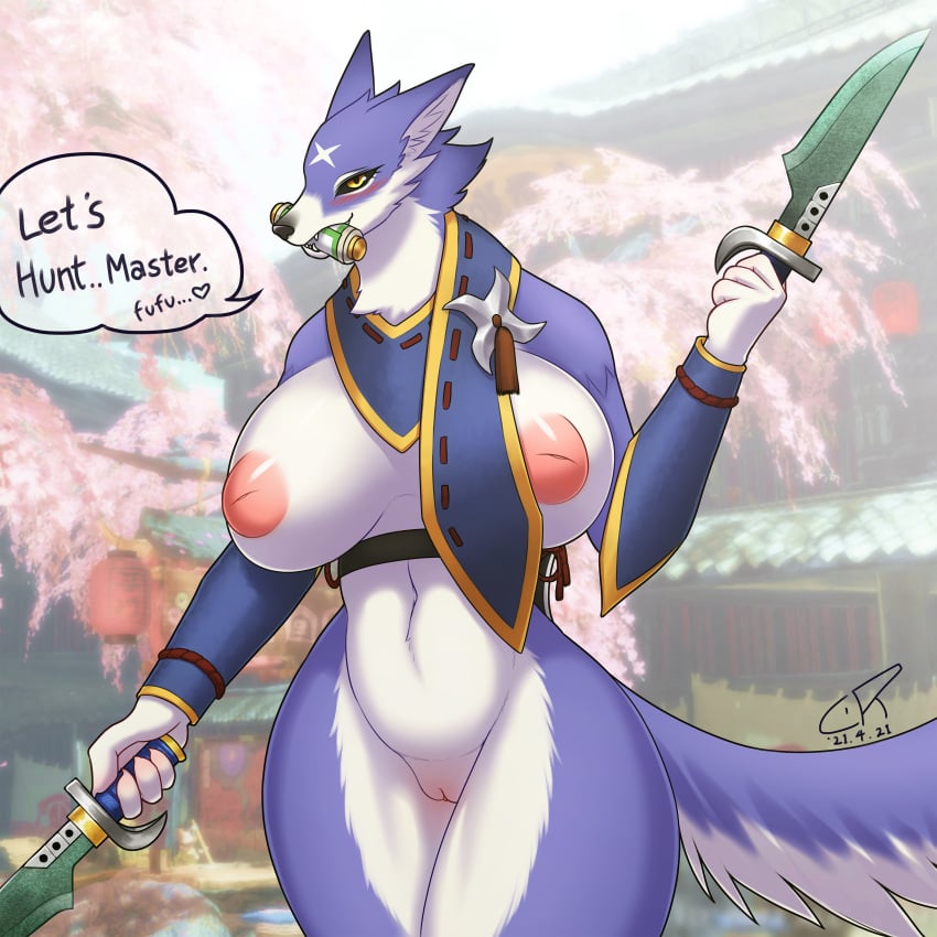 1:1 2021 absurd_res anthro armwear big_breasts black_sclera breasts canid canine canyne capcom clothing coolryong detached_sleeves dialogue digital_media_(artwork) english_text exposed_breasts eyelashes female fluffy fluffy_ears fluffy_tail fur genitals heart hi_res knife looking_at_viewer mammal monster_hunter monster_hunter_rise multicolored_body multicolored_fur neck_tuft nipples object_in_mouth palamute pussy scarf screencap screencap_background scroll sharp_teeth signature snout solo speech_bubble teeth text thick_thighs tuft video_games weapon yellow_eyes