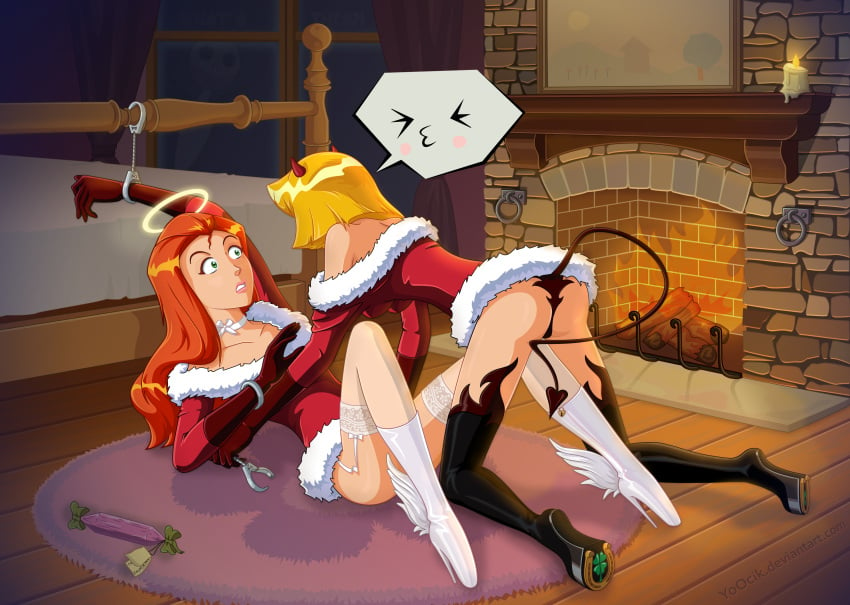 2girls angel_costume ass bed bondage breasts christmas clothed clothing clover_(totally_spies) devil_costume duo female female_only fire handcuffed handcuffs horns lingerie long_hair lying multiple_girls pony_boots sam_(totally_spies) stockings tail totally_spies yoocik yuri