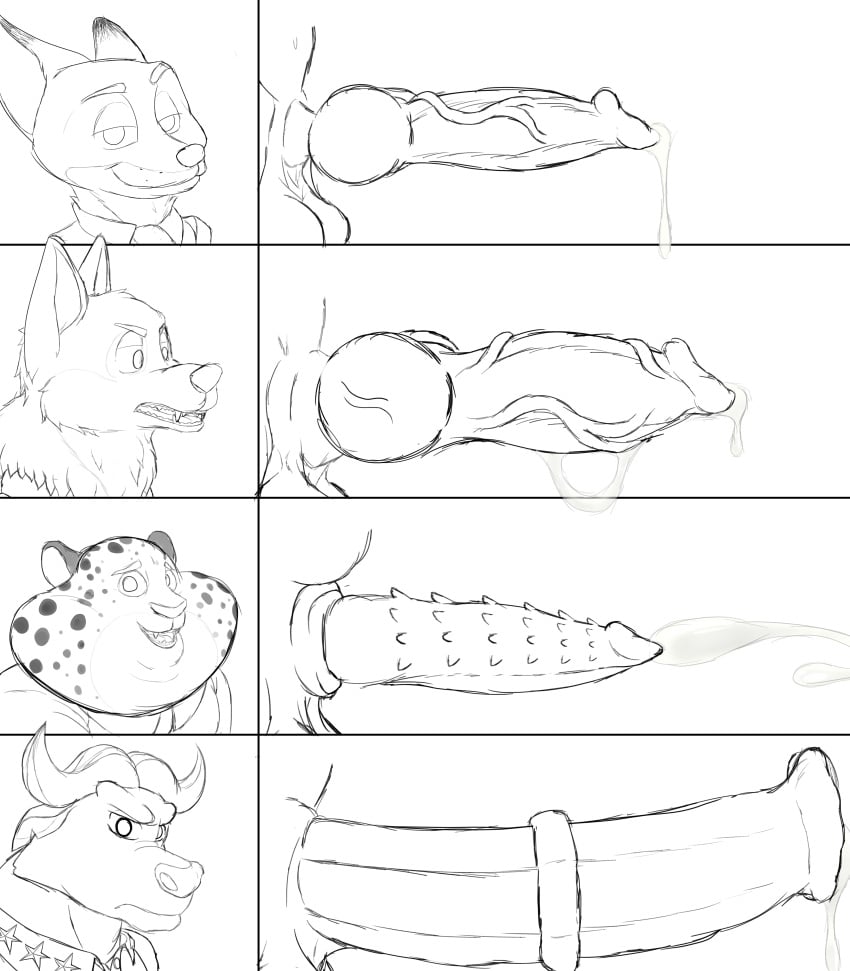 anthro benjamin_clawhauser canine_penis cheetah chief_bogo cum cumshot disney equine_penis feline_penis furry leaking_cum male male_only males_only monochrome multiple_boys multiple_penises nick_wilde penis_comparison penis_size_chart penis_size_comparison_meme rough_sketch sir_cums_a_lot sketch tagme veiny_penis wolford zootopia