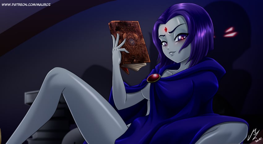 1girls 2021 alternate_version_available blue_cape book cape cape_only cartoon_network dc dc_comics female forehead_jewel grey_skin mauroz partially_nude purple_eyes purple_hair rachel_roth raven_(dc) shadow short_hair smile straight_hair teen_titans