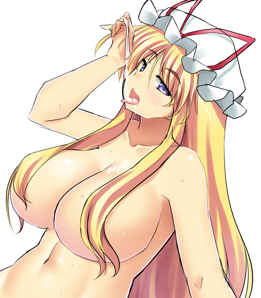 1girls big_breasts blonde_hair condom cum cum_in_mouth drinking_from_condom female full_condom looking_at_viewer mokkori9 touhou yukari_yakumo