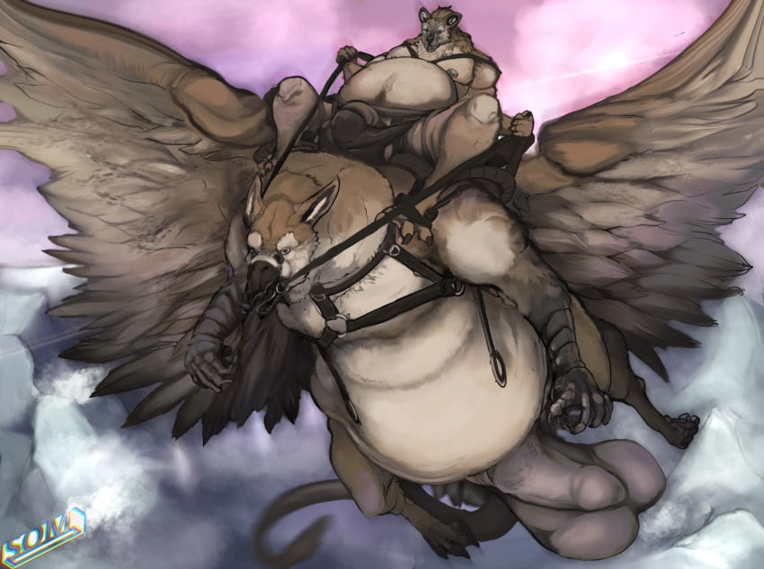 avian balls flying genitals gnoll gryphon hi_res hyena hyper mammal mount mythological_avian mythology obese overweight