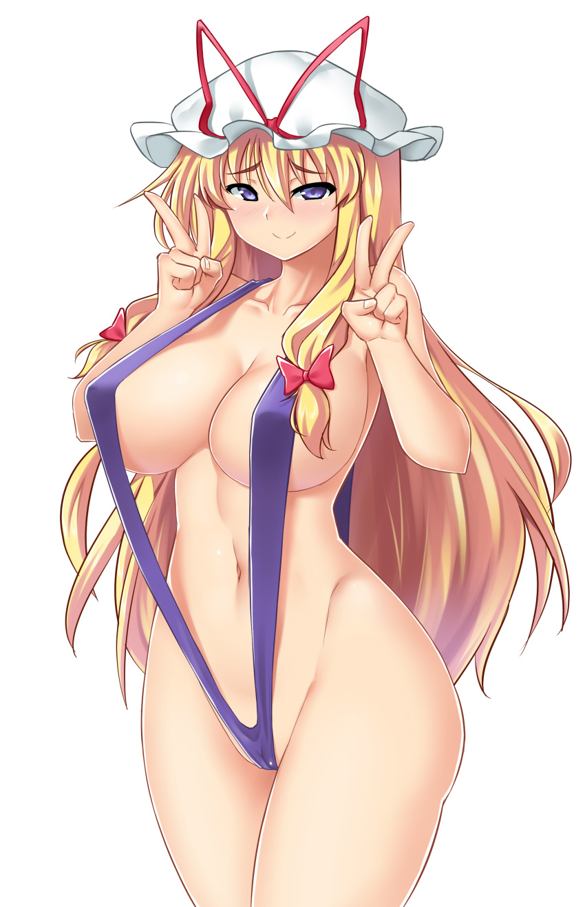 1girls big_breasts blonde_hair female leotard mokkori9 peace_sign slingshot smile tagme touhou yukari_yakumo