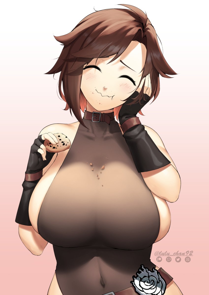 blush brown_hair bursting_breasts choker closed_eyes collar cookie crumbs fingerless_gloves hand_on_face happy huge_breasts leotard lulewd_chan lulu-chan92 navel ruby_rose rwby skindentation