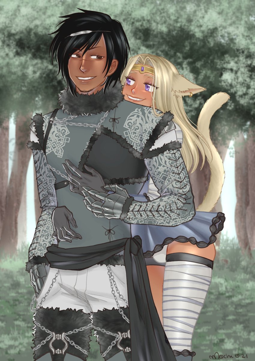 1boy 1futa 2d 2d_(artwork) armor ball_bulge balls balls_in_panties balls_under_clothes black_hair blonde_hair breasts bulge cat_ears cat_tail clothed clothing cosplay dark-skinned_futanari dark-skinned_male dark_skin dickgirl final_fantasy final_fantasy_xiv flaccid fully_clothed futanari human humanoid intersex jewelry kaine_(nier)_(cosplay) kenonomimi l'fah_morcant looking_at_another male male_on_futa miqo'te mochironmochi nier nier_(series) original original_character panties panty_bulge penis penis_bulge penis_in_panties penis_under_clothes penis_under_skirt purple_eyes skirt