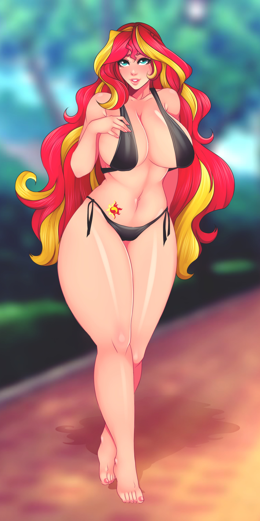 1girls 5_toes barefoot big_breasts bikini bikini_bottom bikini_top breasts clothed_female clothing curvy curvy_figure cutie_mark equestria_girls feet female female_only friendship_is_magic green_eyes hasbro hourglass_figure human humanization humanized large_breasts law-zilla legs long_hair my_little_pony navel red_hair shiny shiny_hair shiny_skin sling_bikini solo solo_female solo_focus species_transformation sunset_shimmer swimsuit tattoo tattoos thick_thighs thighs toes two_tone_hair voluptuous wide_hips yellow_hair