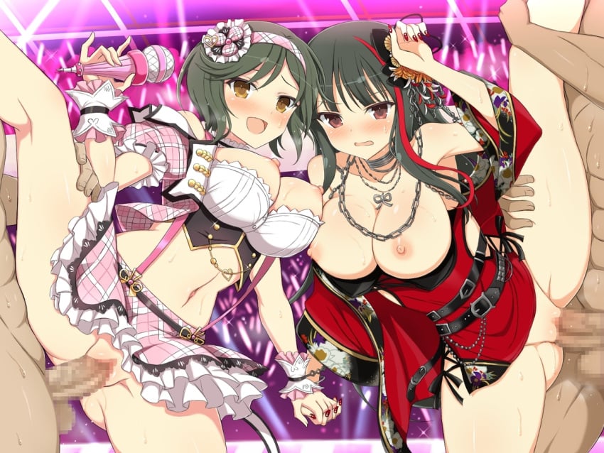 2boys 2girls abs black_hair blush breasts breasts_out brown_eyes clothed_female_nude_male foursome group_sex leg_lift leg_up long_hair mai_(senran_kagura) marvelous multiple_boys multiple_girls nail_polish nipples no_panties nude pussy red_eyes senran_kagura sex short_hair skirt spread_legs standing standing_on_one_leg standing_sex tsubaki_(senran_kagura) vaginal_penetration yaomai