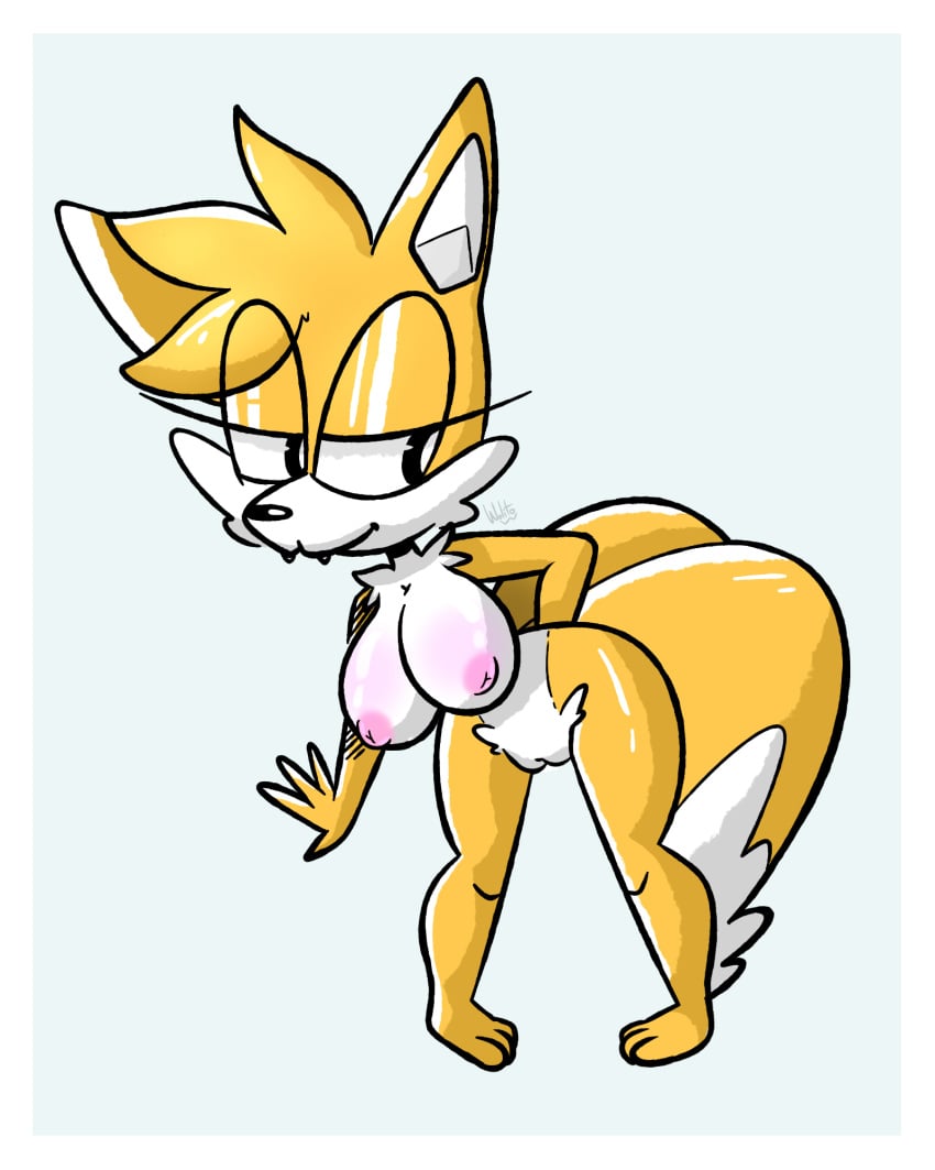 2_tails 4_fingers anthro big_breasts blonde_hair breasts canid canine fangs female fingers fox fur hair hi_res humanoid mammal multi_tail nipples nude rule_63 seductive simple_background smile solo sonic_(series) sonic_the_hedgehog_(series) tagme tails tailsko toony white_body white_fur wolito