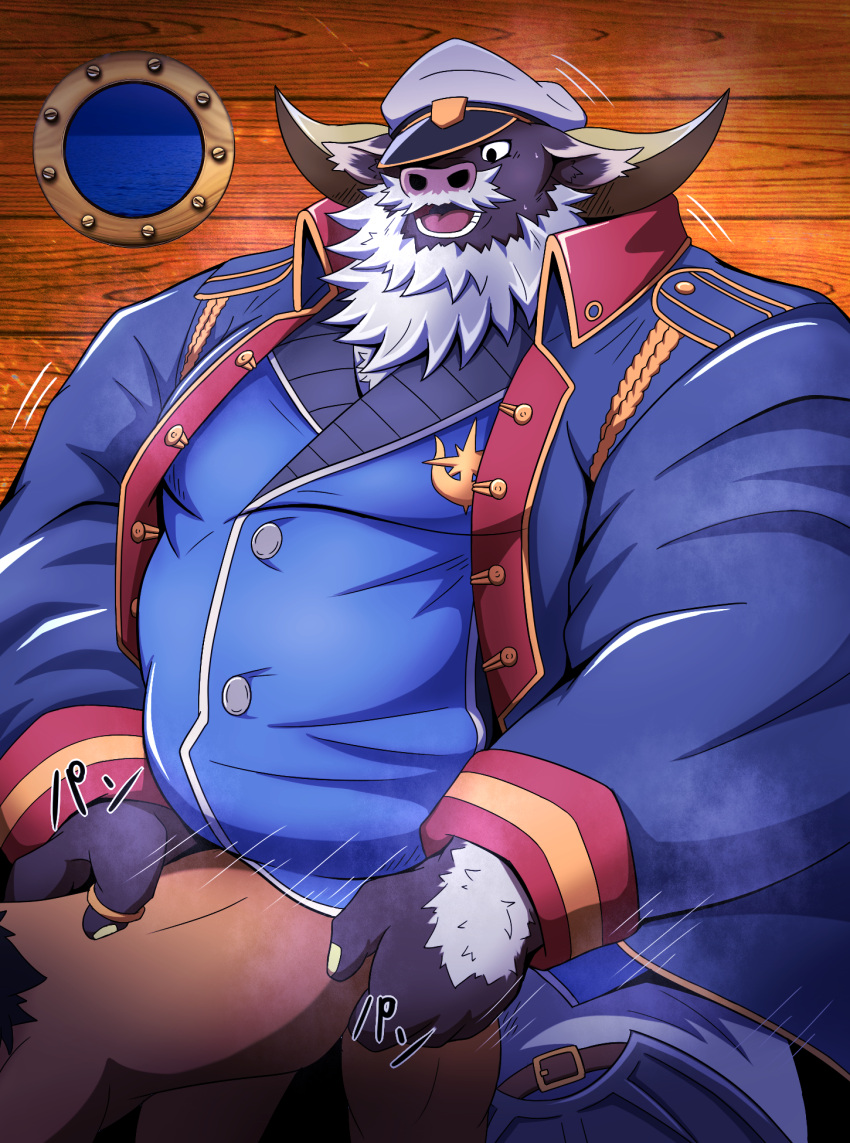 ahab_(tokyo_afterschool_summoners) anal anthro anthro_penetrating_human ass beard bovid bovine chocobo4869 chocobo_(pixiv) duo facial_hair gay hi_res horn human male male/male male_focus male_only male_penetrating_male mammal mature_male mostly_clothed nude penis_in_ass sailor sex solo_focus tokyo_afterschool_summoners true_buffalo video_games water_buffalo