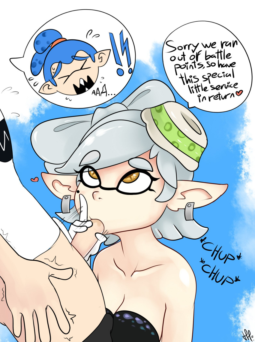 1boy 1boy1girl 1girls animal_humanoid anthro blowjob breasts cephalopod cephalopod_humanoid cleavage clothed clothing fellatio female female_focus humanoid hunkhanks inkling inkling_boy john_(splatoon) male male/female marie_(splatoon) mask_(marking) nintendo pants_down penis pointy_ears pseudo_hair splatoon splatoon_(series) squid squid_sisters tentacle tentacle_hair