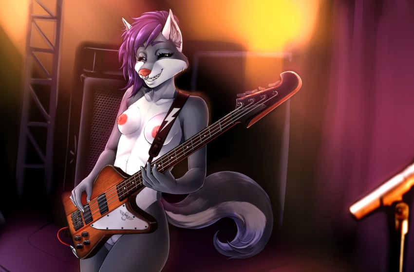 absurd_res amplifier anthro bass_guitar black_body black_fur breasts canid canine canis closed_eyes digital_media_(artwork) facial_piercing female fur genitals guitar guitar_strap hair hi_res jojo218 kijuro lightning_bolt mammal musical_instrument nipples nose_piercing nose_ring nude piercing playing_music plucked_string_instrument purple_hair pussy septum_piercing sharp_teeth smile solo stage stage_curtains stage_lights string_instrument tasteful_nudity teeth white_body white_fur wolf