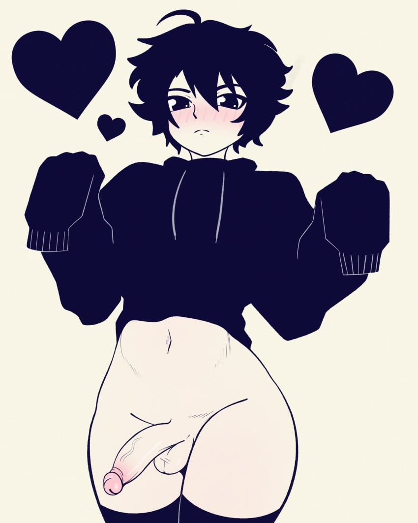 <3 1boy 2021 ahoge balls black_hair blush blushing bottomless bro_aniki doomer_boy embarrassed femboy feminine_male girly heart hoodie light-skinned_femboy male male_only malesub navel pale-skinned_male pale_skin penis solo sweater testicles thighhighs thighs trap twink veiny_penis wojak_comics