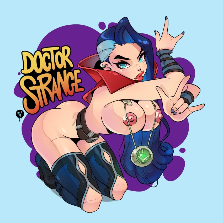 1girls artist_logo artist_name ass bottomless breasts cape colored digital_art doctor_strange emmanuel_viola evviart female female_focus female_only hand_gesture large_lips light-skinned_female looking_at_viewer marvel nipples nude on_knees pinup rule_63 sing_of_the_horns stephen_strange topless