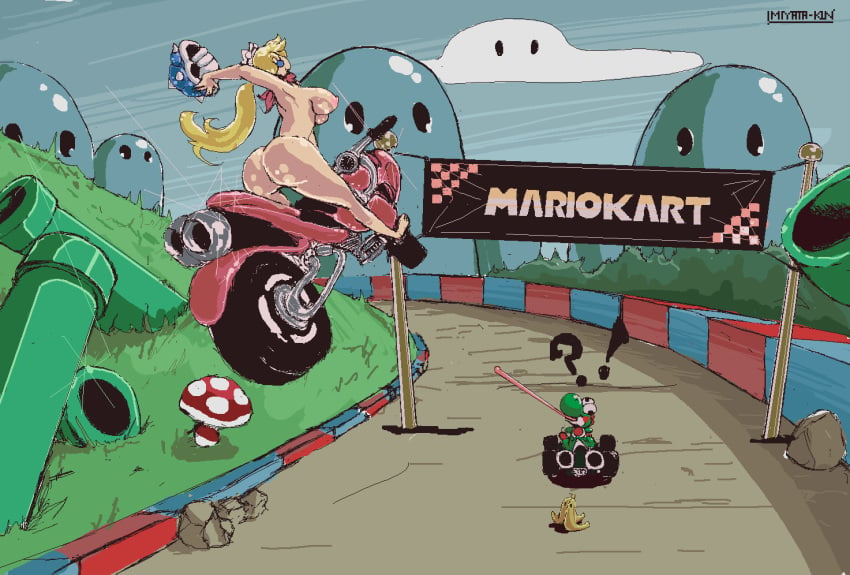 2d big_breasts blonde_hair blue_shell female giant_ass giant_breasts human mario_(series) mario_kart miyatakun motorcycle nintendo nude pixel_art ponytail princess_peach yoshi