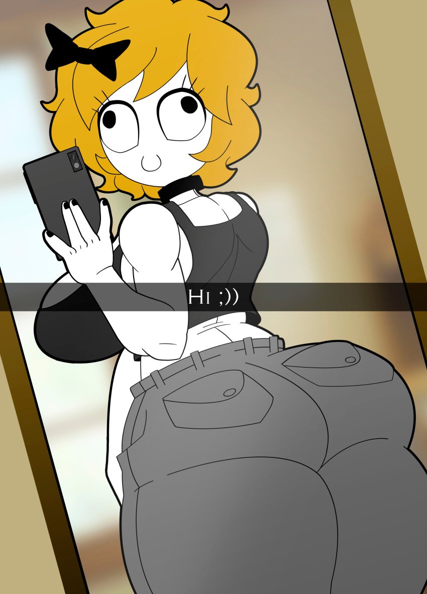 1girls ass back big_ass big_breasts black_nails blindstash blonde blonde_female blonde_hair blurry_background bow breasts choker clothed derpina dutch_angle female female_focus female_only holding_object holding_phone large_ass large_breasts looking_back meme mirror mirror_selfie painted_nails pants phone rage_comics selfie shirt short_hair small_waist smile snapchat solo solo_female taking_picture thick_ass thick_thighs thighs wide_hips