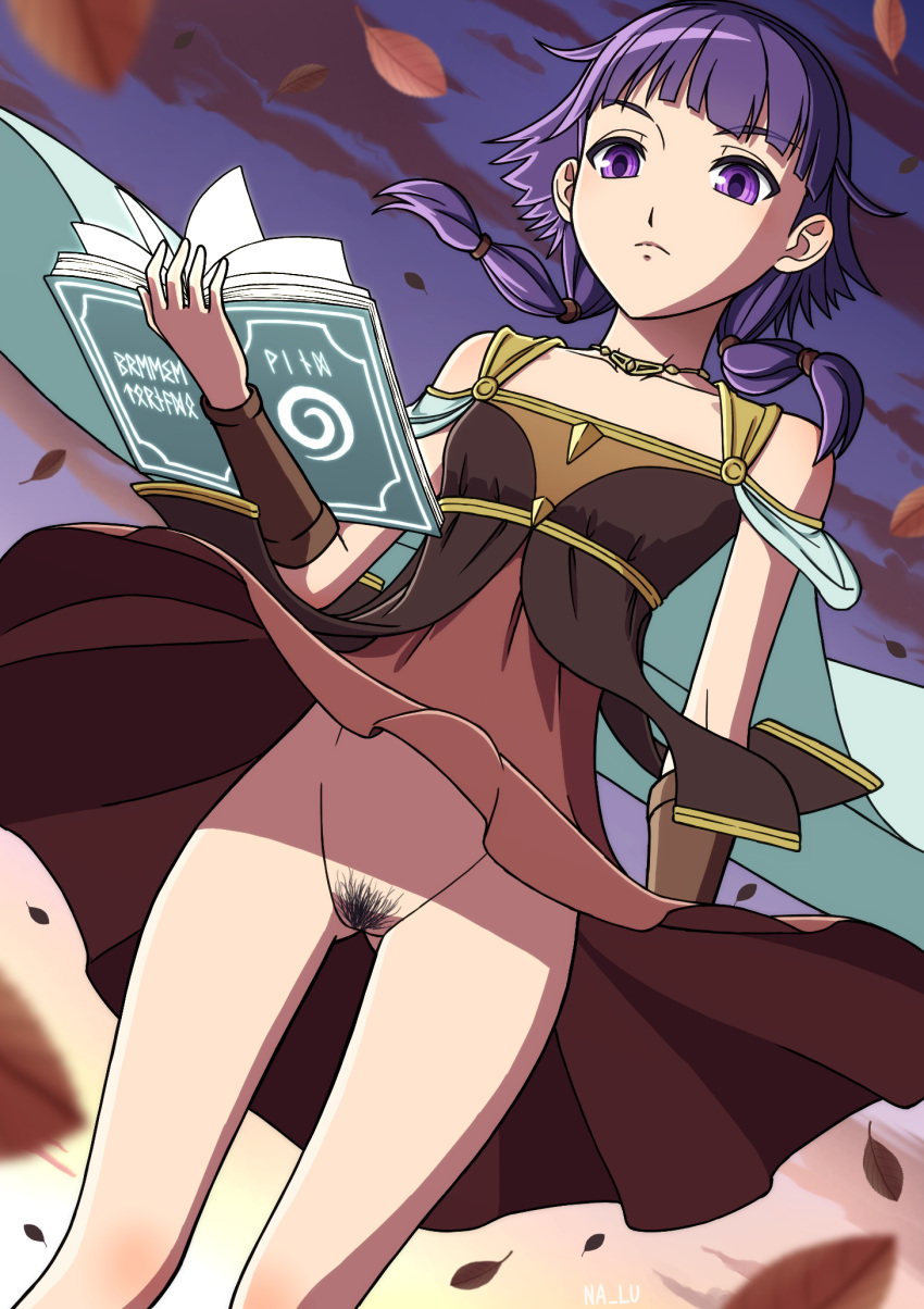 1girls bare_legs book female_only female_pubic_hair fire_emblem fire_emblem:_the_sacred_stones from_below looking_down lute_(fire_emblem) medium_hair nalu_(artist) nintendo no_panties pubic_hair purple_eyes purple_hair small_breasts solo solo_female upskirt wind wind_lift