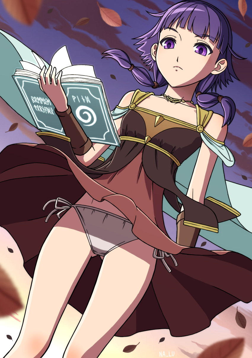 1girls bare_legs book female_only fire_emblem fire_emblem:_the_sacred_stones from_below grey_panties looking_down lute_(fire_emblem) medium_hair nalu_(artist) nintendo panties pantyshot pantyshot_(standing) purple_eyes purple_hair small_breasts solo solo_female upskirt wind wind_lift