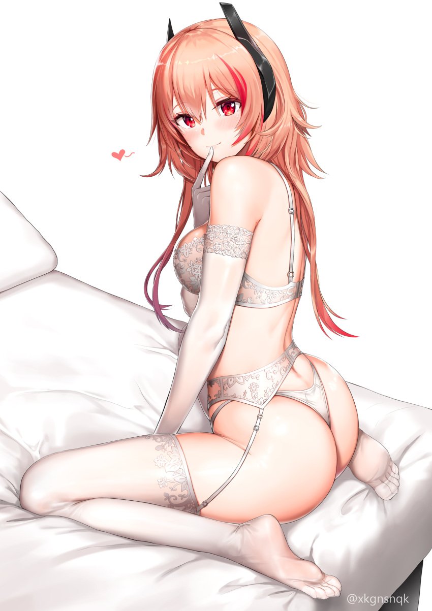 absurdres ass back bangs bare_shoulders blush bra breasts crossed_bangs elbow_gloves eyebrows_visible_through_hair eyelashes feet female finger_to_mouth garter_belt girls'_frontline gloves greem_bang hair_between_eyes hair_ornament hand_up heart highleg highleg_panties highres index_finger_raised lace lace-trimmed_bra lace-trimmed_garter_belt lace-trimmed_gloves lace-trimmed_legwear lace_trim legs lingerie long_hair looking_at_viewer looking_back m4_sopmod_ii_(girls'_frontline) on_bed orange_hair panties pink_hair red_eyes revision sitting skindentation smile solo string_panties thighs thong toes underwear wariza white_background white_bra white_gloves white_panties